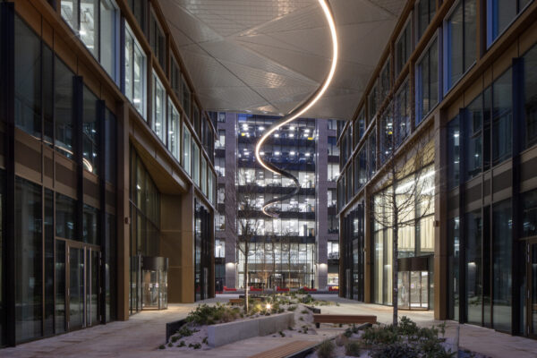 11 and 12 Wellington Place exterior at night