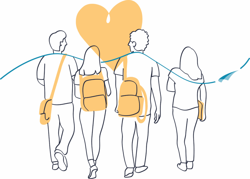 Illustration iof students with a flourish flowing through and a heart in the background.