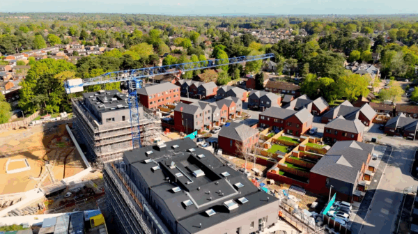 Gorse Ride aerial view of the development, including crane