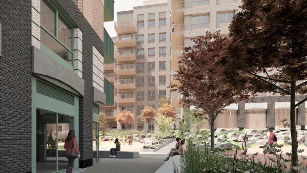 CGI of Poets Corner, shop in foreground, flats in background