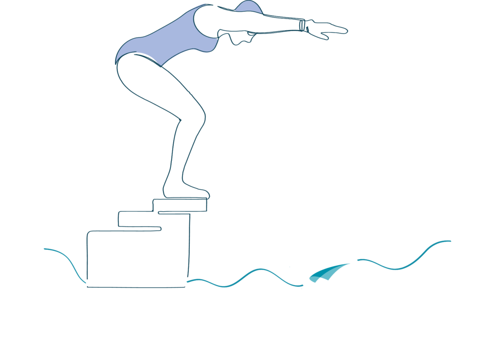 Illustration showing a swimmer about to dive into a pool, with the wates flourish acting as the water line.