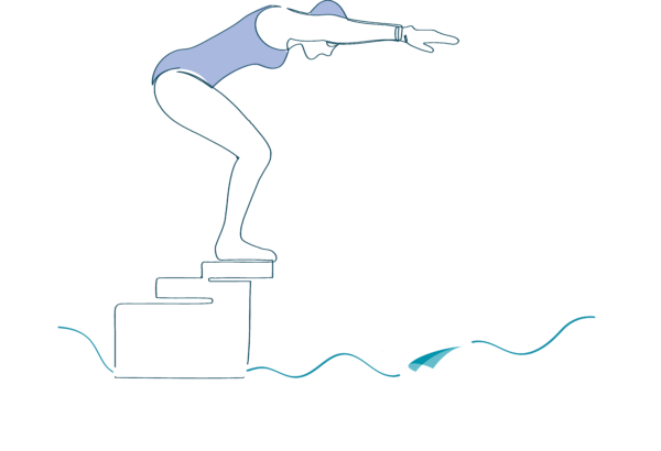 Illustration showing a swimmer about to dive into a pool, with the wates flourish acting as the water line.